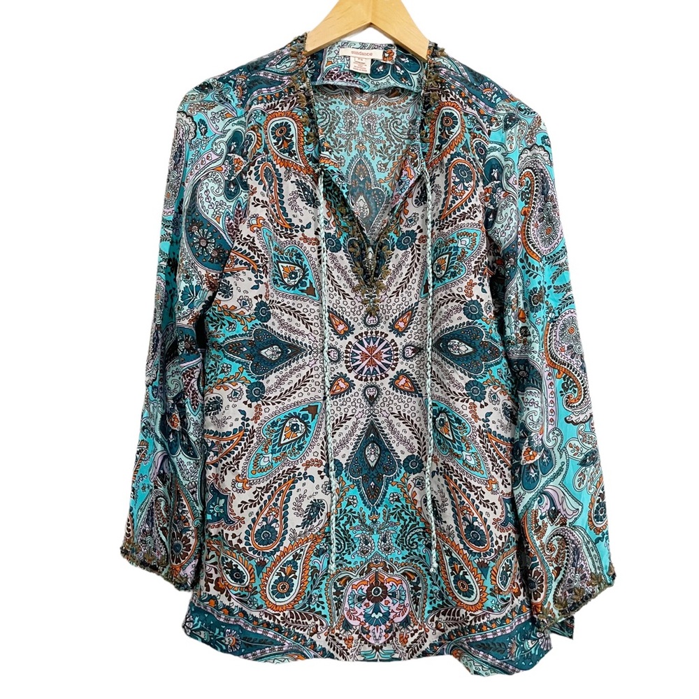 Sundance Silk Tunic Top Paisley Tassel Tie Small Petite